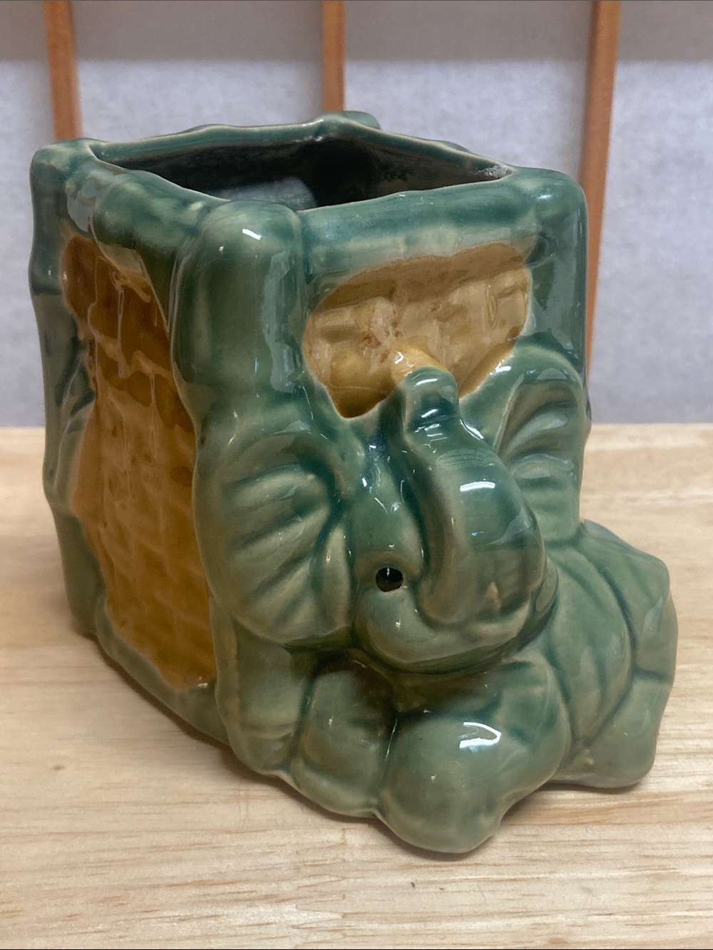 Vintage Majolica Style Ceramic Elephant Planter - Green & Tan Bamboo Plant Pot